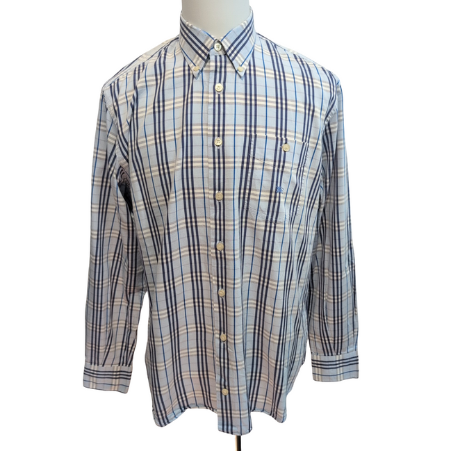 Chemise BURBERRY 100% Coton Bleu Carreaux L XL Logo Brodé Poche Boutonnée