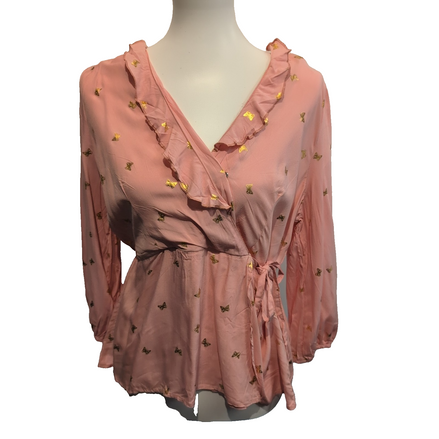 Haut Femme Alex & Parker Taille L Rose Saumon Papillons Dorés Cache-Cœur Neuf
