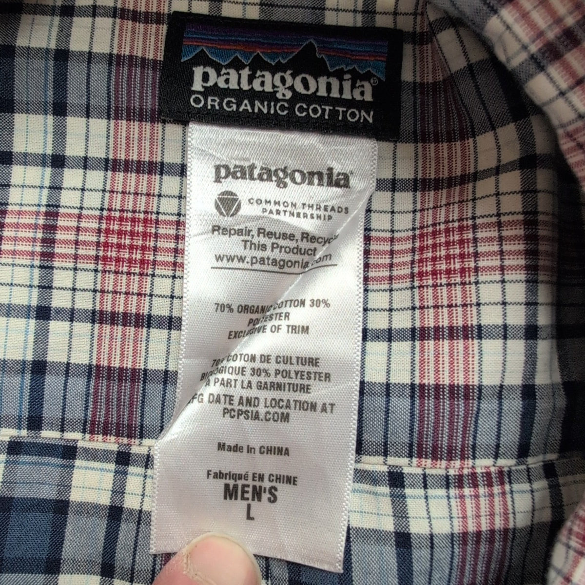 Chemise Patagonia L carreaux bleu rouge blanc coton organique manches longues