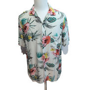 Chemise Hawaïenne Blanche Florale Viscose Taille L XL Feuillage Tropical