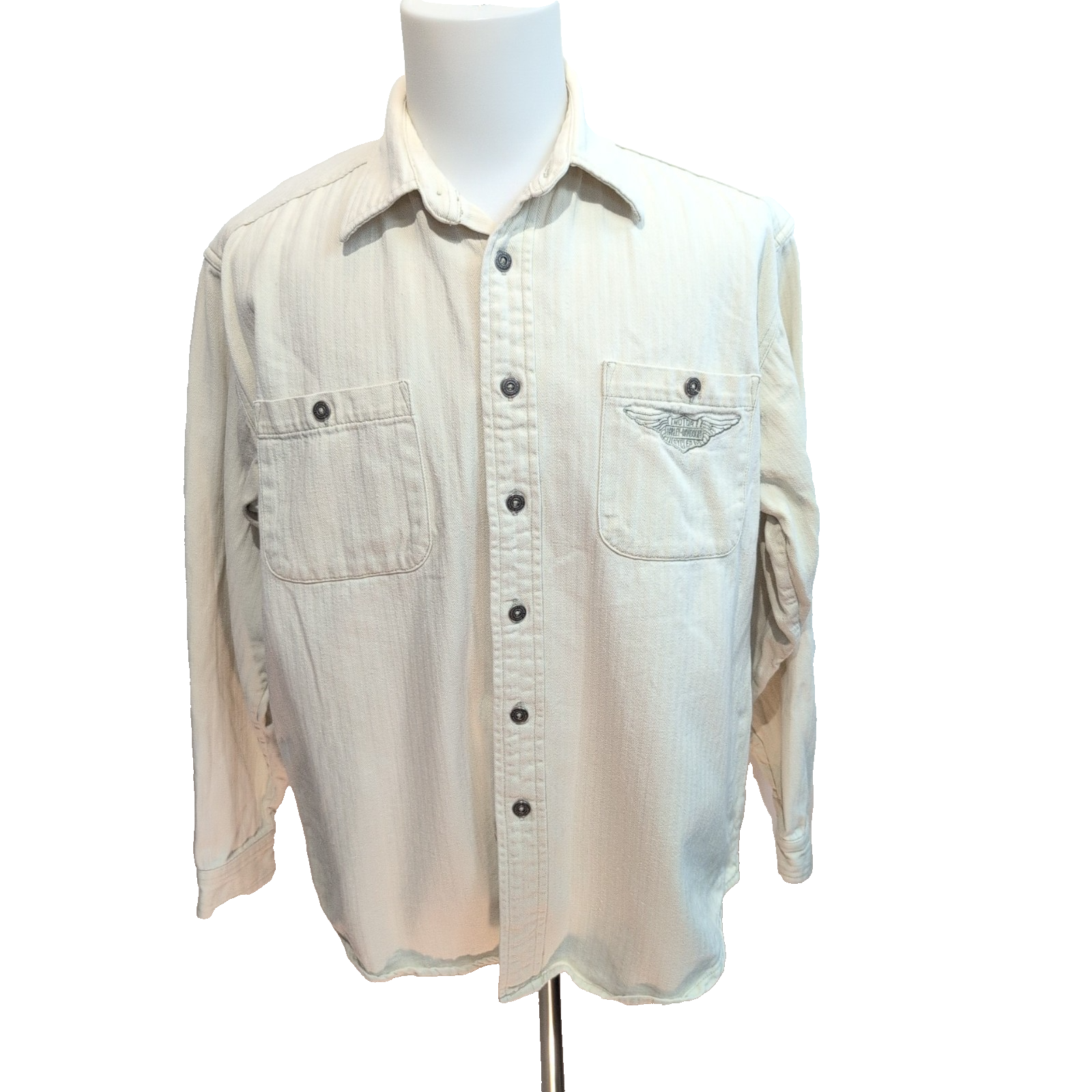 Chemise Harley-Davidson L Blanc Cassé Coton Épais Chevrons 2 Poches Brodée