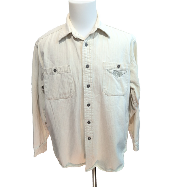 Chemise Harley-Davidson L Blanc Cassé Coton Épais Chevrons 2 Poches Brodée