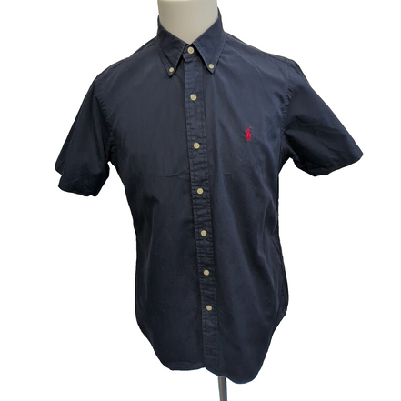 Chemise Ralph Lauren M bleu marine uni manches courtes logo rouge coton