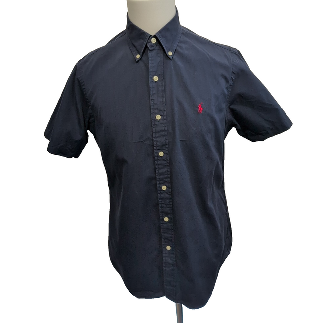 Chemise Ralph Lauren M bleu marine uni manches courtes logo rouge coton