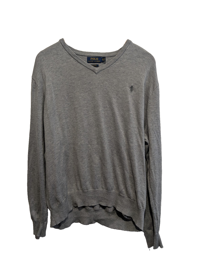 Pull Polo Ralph Lauren col V gris chiné logo gris Pima Cotton taille XL
