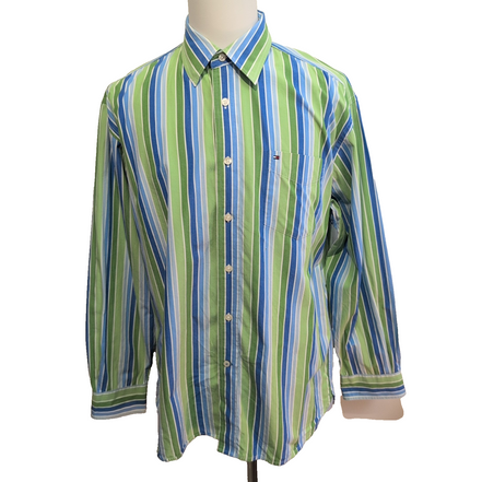 Chemise Tommy Hilfiger Homme Taille L Bleu Vert Larges Rayures Coton