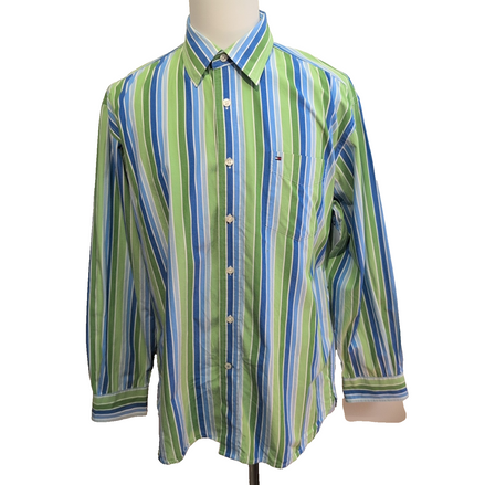 Chemise Tommy Hilfiger Homme Taille L Bleu Vert Larges Rayures Coton
