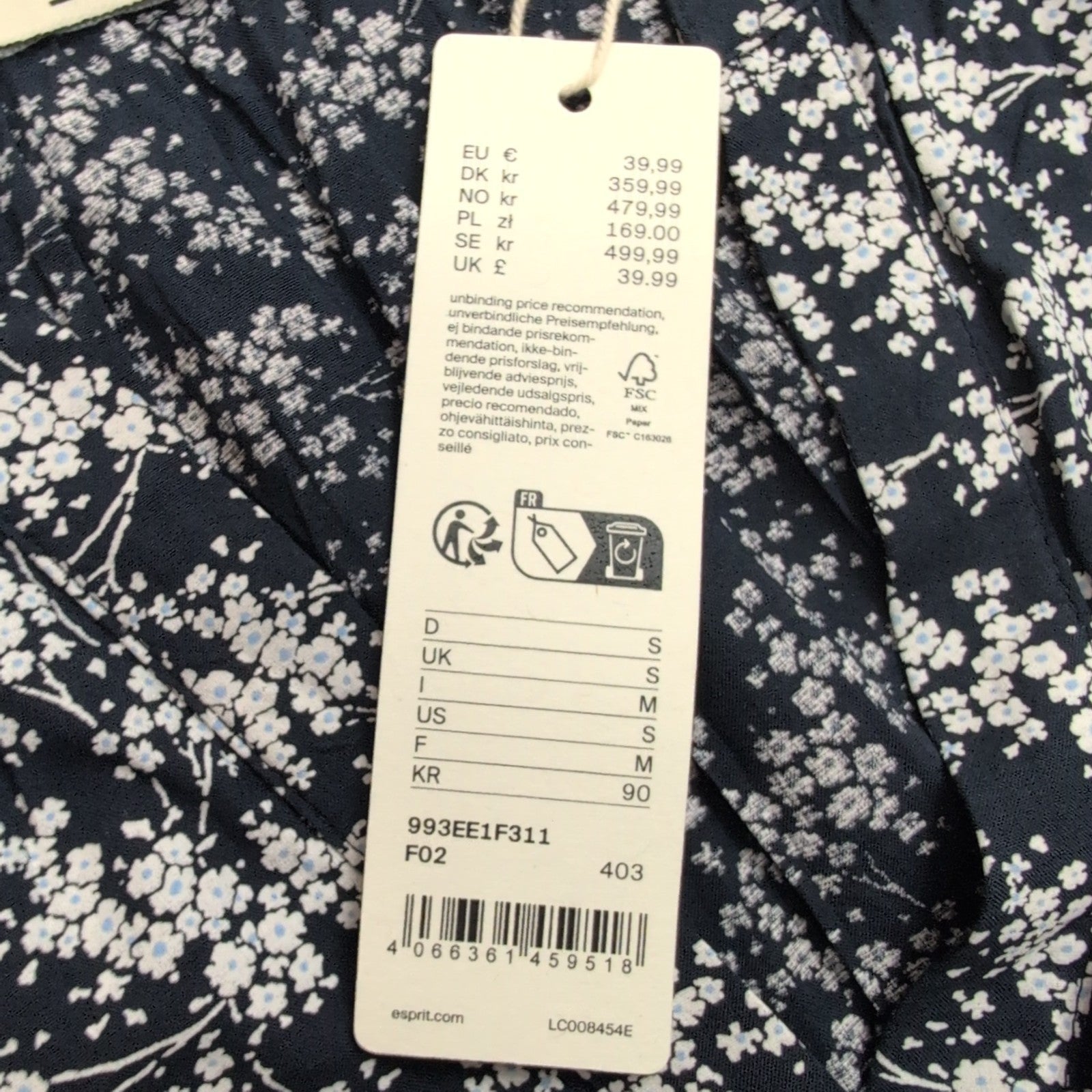 Haut Esprit Femme M Bleu Marine Fleuri Blanc Manches Courtes Viscose Neuf