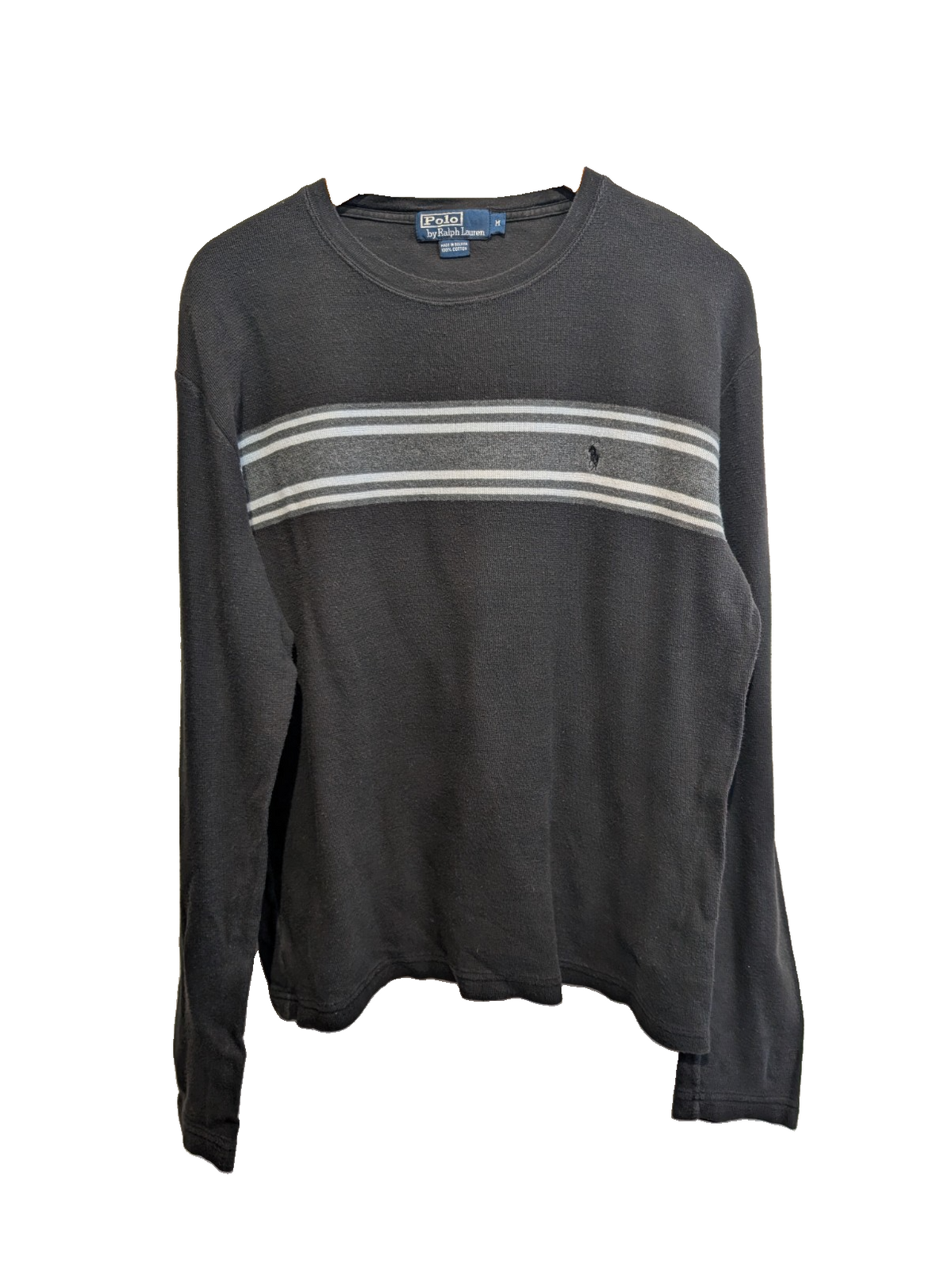 Pull Polo Ralph Lauren col rond noir gris rayures logo noir coton M