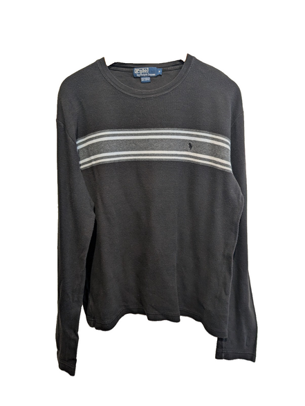 Pull Polo Ralph Lauren col rond noir gris rayures logo noir coton M