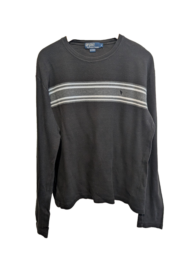 Pull Polo Ralph Lauren col rond noir gris rayures logo noir coton M