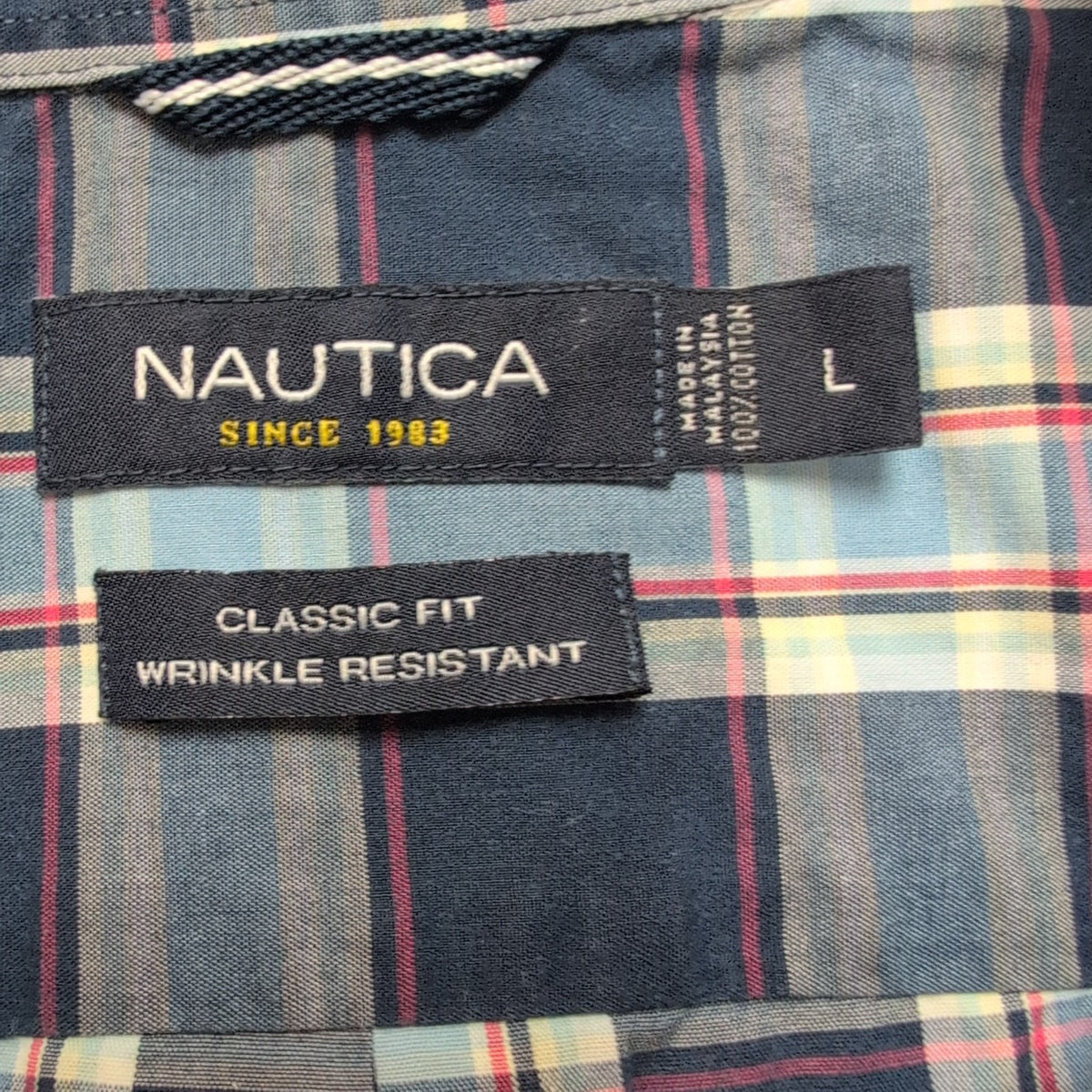 Chemise Nautica Classic Fit L Bleu Marine Carreaux 100% Coton Manches courtes
