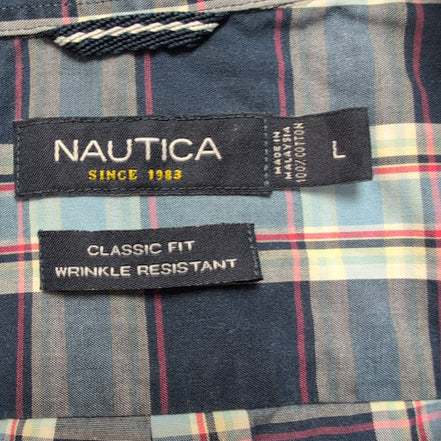 Chemise Nautica Classic Fit L Bleu Marine Carreaux 100% Coton Manches courtes