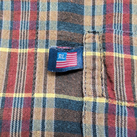 Chemise Polo Ralph Lauren Vintage L Marron Kaki Logo Drapeau USA Manches Courtes