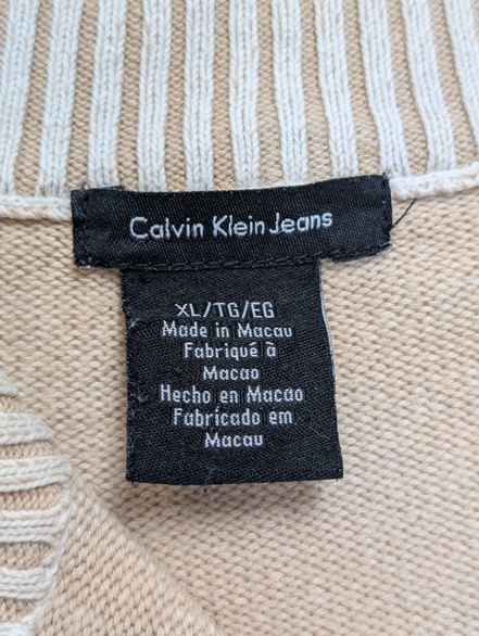Calvin Klein Jeans Pull Femme XL Crème Côtelé Col Zippé Manches Évasées