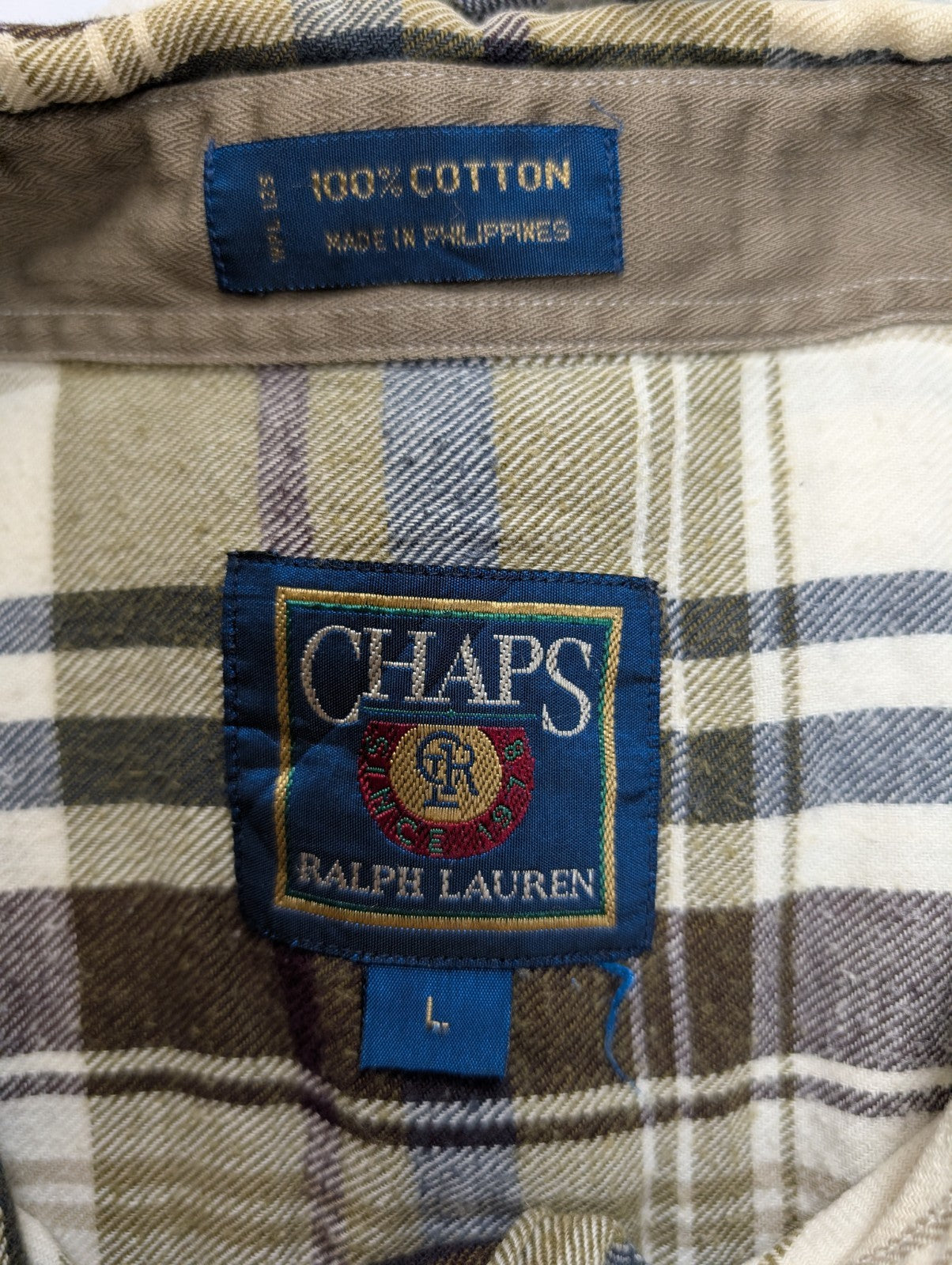 🌲 Chemise CHAPS Ralph Lauren  L Flanelle Carreaux Kaki Bordeaux Coton |307S