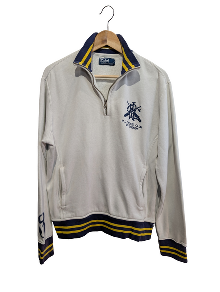 Pull Polo Ralph Lauren M Cricket Club Blanc Bleu Quart Zip 2 Poches