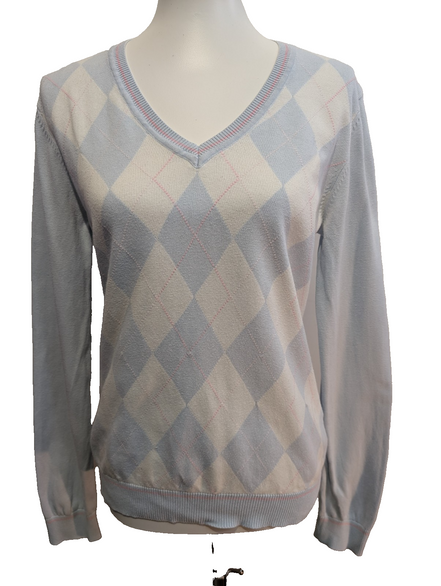 Pull Femme Tommy Hilfiger Col V Bleu Ciel & Blanc - Losanges - Taille M