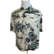Chemise Hawaïenne Island Fever L Beige Vert Palmiers 100% Rayonne