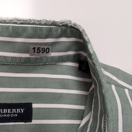 Chemise BURBERRY M Verte Rayures Blanches Oxford Logo Brodé Manches Longues