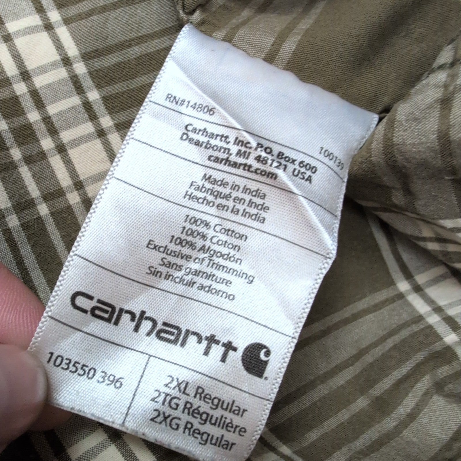 Chemise Carhartt Relaxed Fit 2XL Carreaux Kaki Manches courtes Poche Stylo