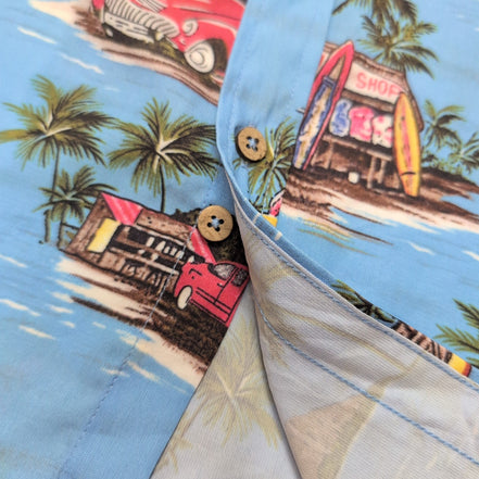 Chemise Hawaïenne M Bleu Surf Voitures Palmiers Polyester manches courtes
