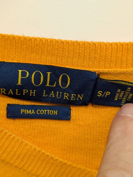 Pull Polo Ralph Lauren orange col V logo bleu Pima Cotton taille S