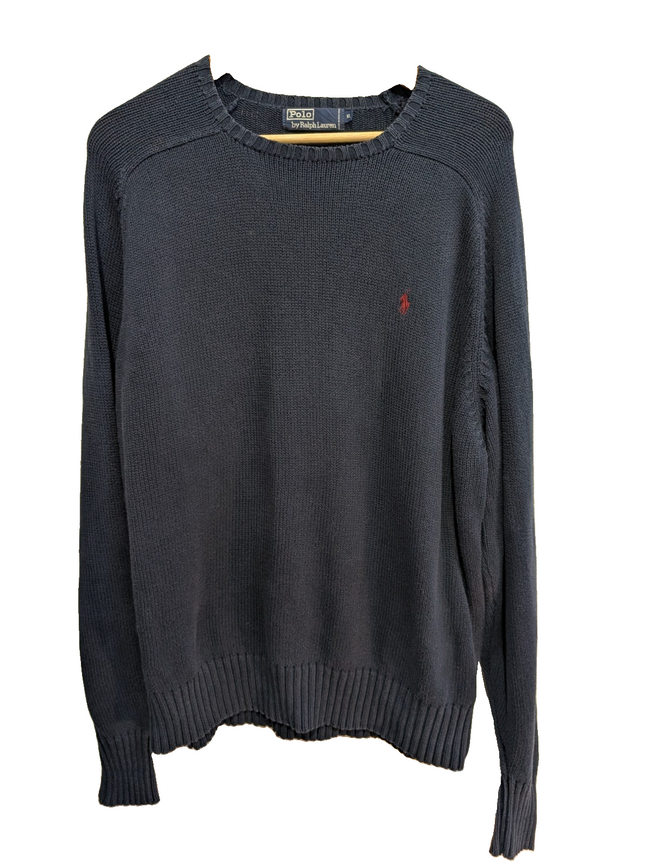 Pull Polo Ralph Lauren XL bleu marine col rond coton logo rouge brodé
