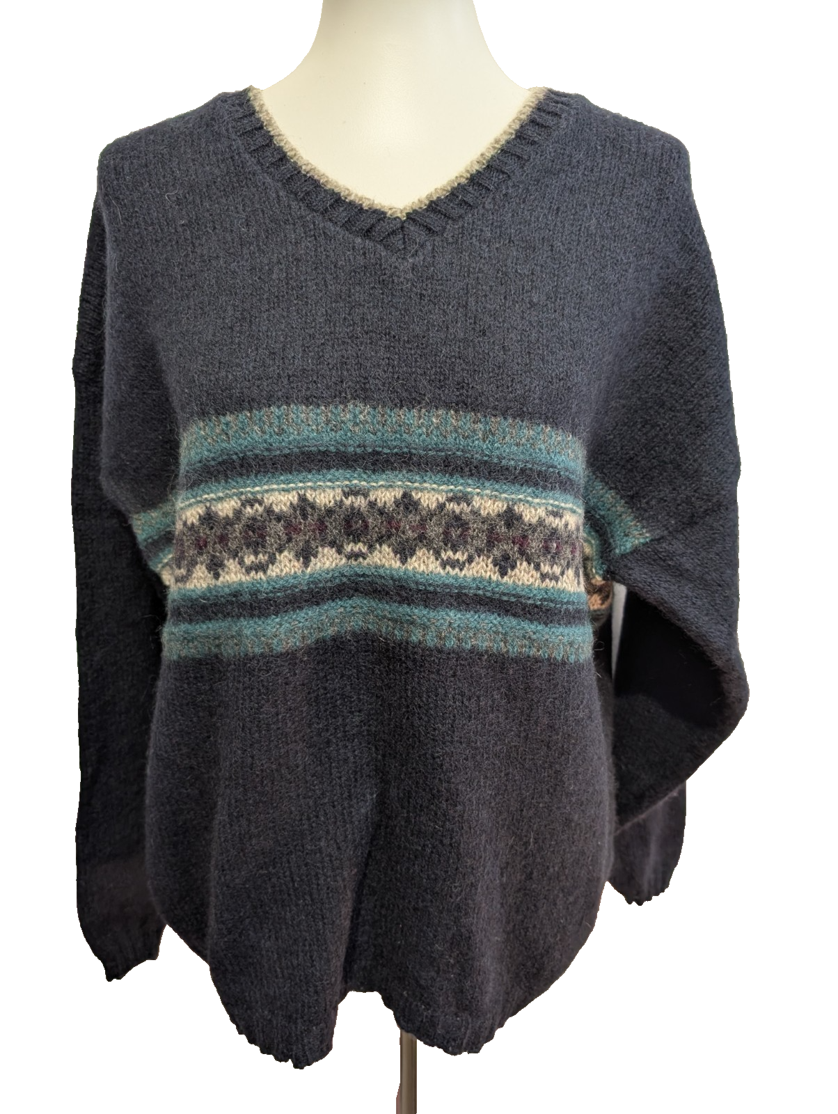 Pull EDDIE BAUER Vintage Ethnique MADE IN USA Laine Bleu Marine Taille L Femme