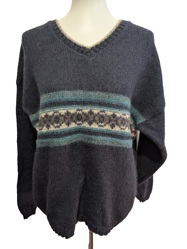Pull EDDIE BAUER Vintage Ethnique MADE IN USA Laine Bleu Marine Taille L Femme