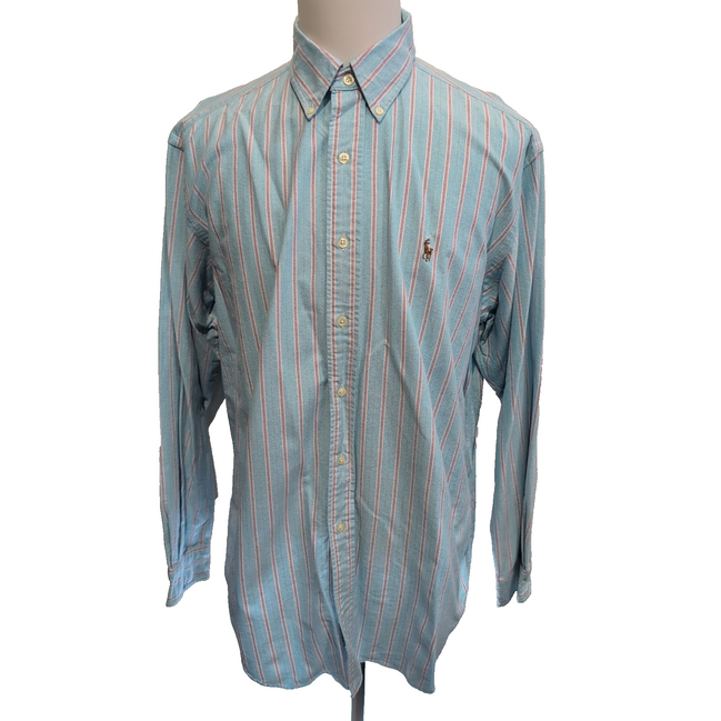 Chemise Ralph Lauren à rayures turquoise logo marron classic fit taille L / XL