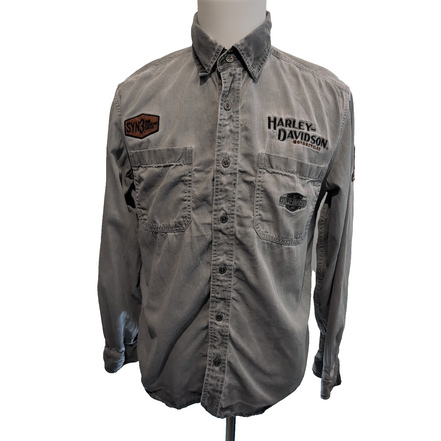 Chemise Harley Davidson M Grise Vintage Brodée Dos Manches Longues Coton