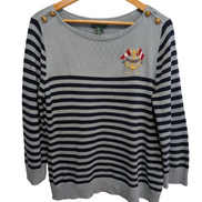 Pull LAUREN Ralph Lauren femme XL coton bleu marine rayures écusson brodé