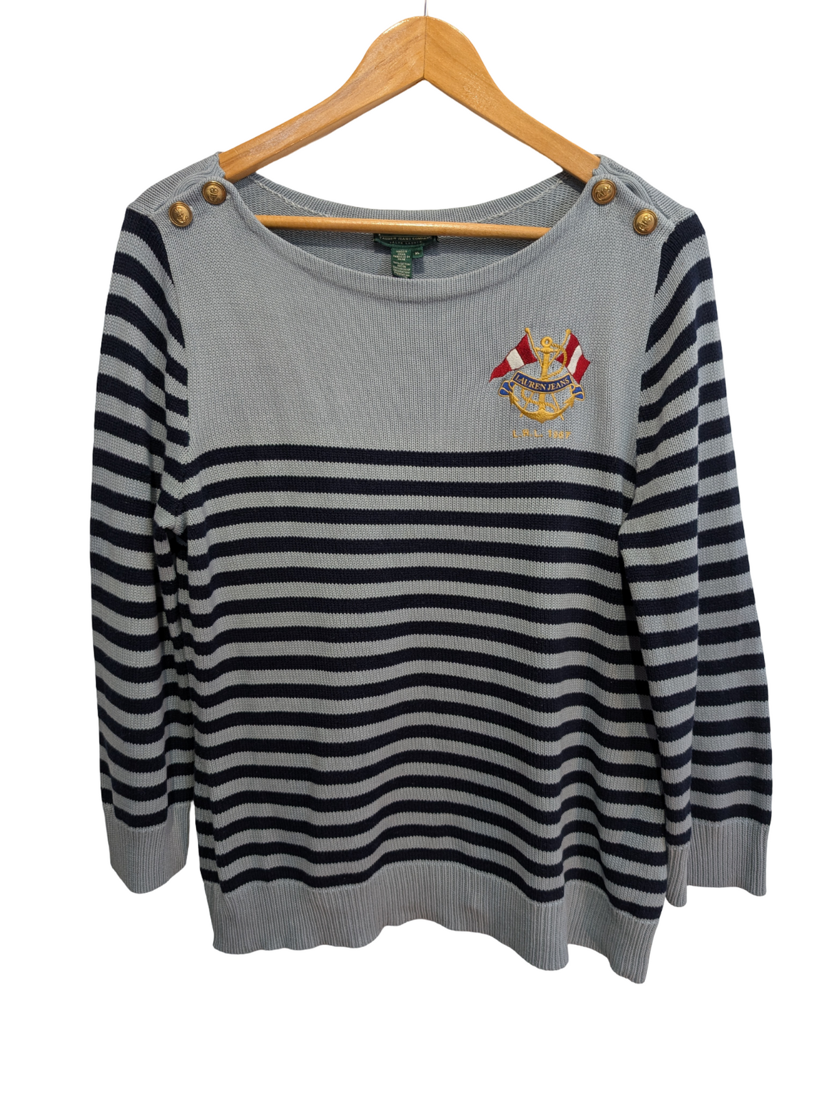 Pull LAUREN Ralph Lauren femme XL coton bleu marine rayures écusson brodé