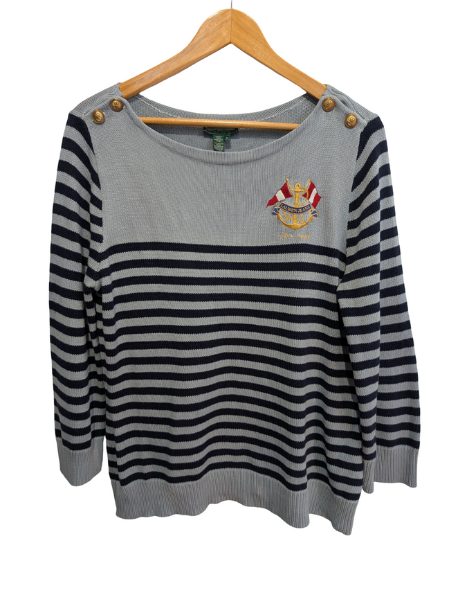 Pull LAUREN Ralph Lauren femme XL coton bleu marine rayures écusson brodé