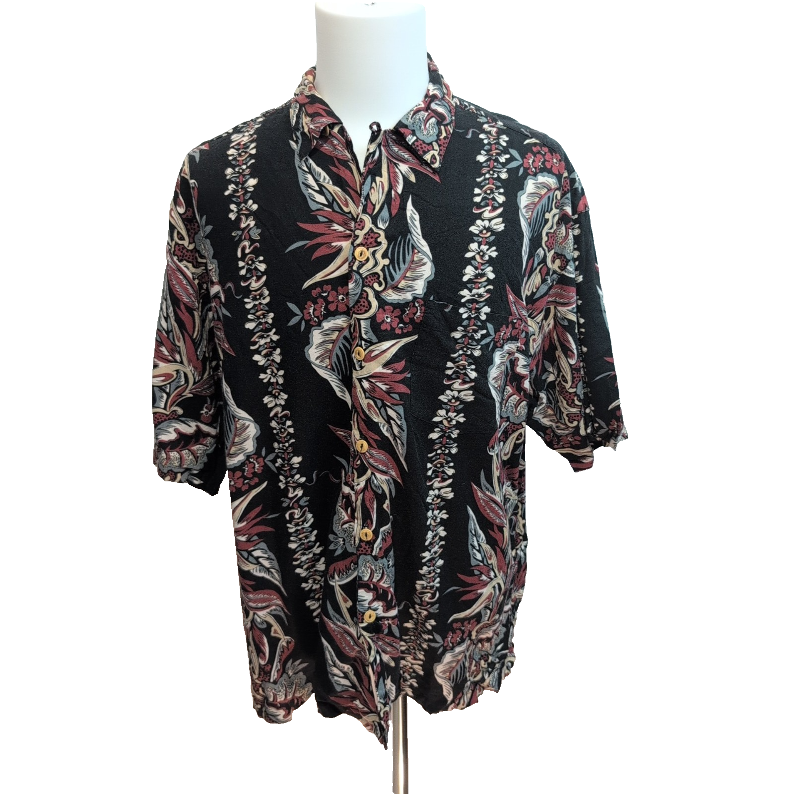 Chemise Hawaïenne QUE XL Made in USA Noire Fleurs Bordeaux Coton Rayonne