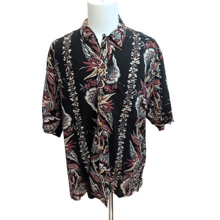 Chemise Hawaïenne QUE XL Made in USA Noire Fleurs Bordeaux Coton Rayonne