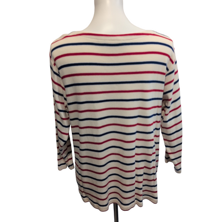 Pull L.L.Bean Femme XL Marinière Rayures Rouge Bleu Écru Coton Manches 3/4