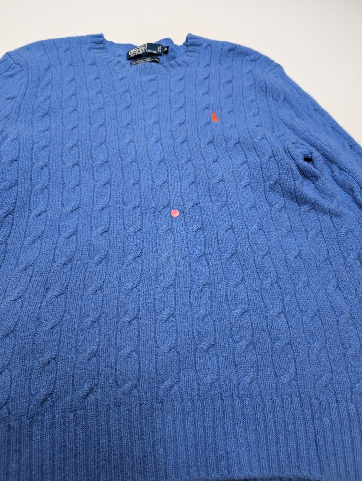 Pull Polo Ralph Lauren Torsadé Bleu Ciel Logo Orange 90% Mérinos / 10% Angora M