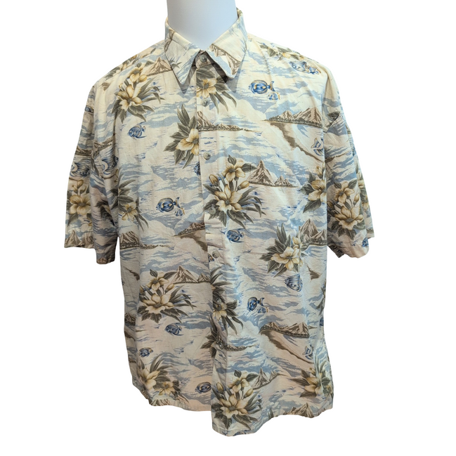 Chemise Hawaïenne Pierre Cardin XL Poissons Beige 100% Coton manches courtes