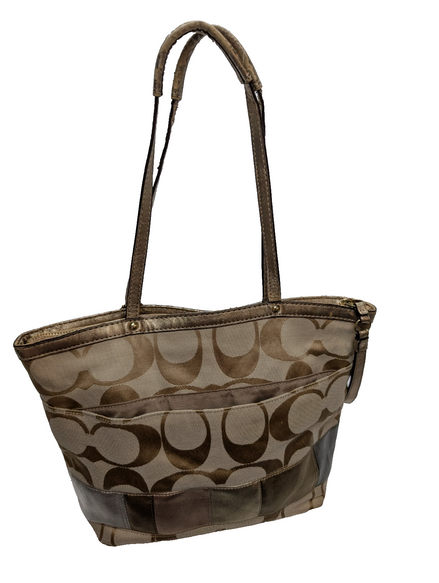 Sac Coach Signature Beige Jacquard Toile Cuir Épaule Cabas