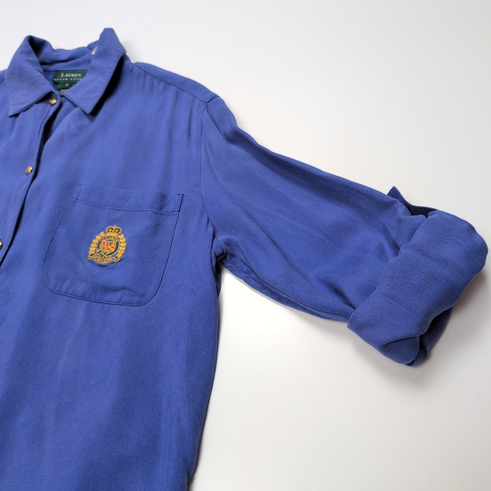 Chemise Lauren Ralph Lauren Femme S Soie Bleu Logo Écusson Doré Poche