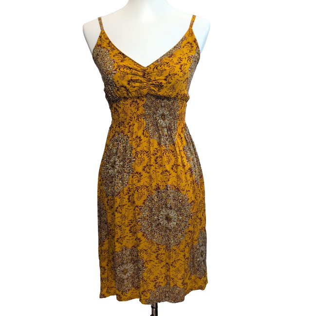 Robe d'été Femme Jaune Moutarde Motif Bohème Bretelles Réglables M/L
