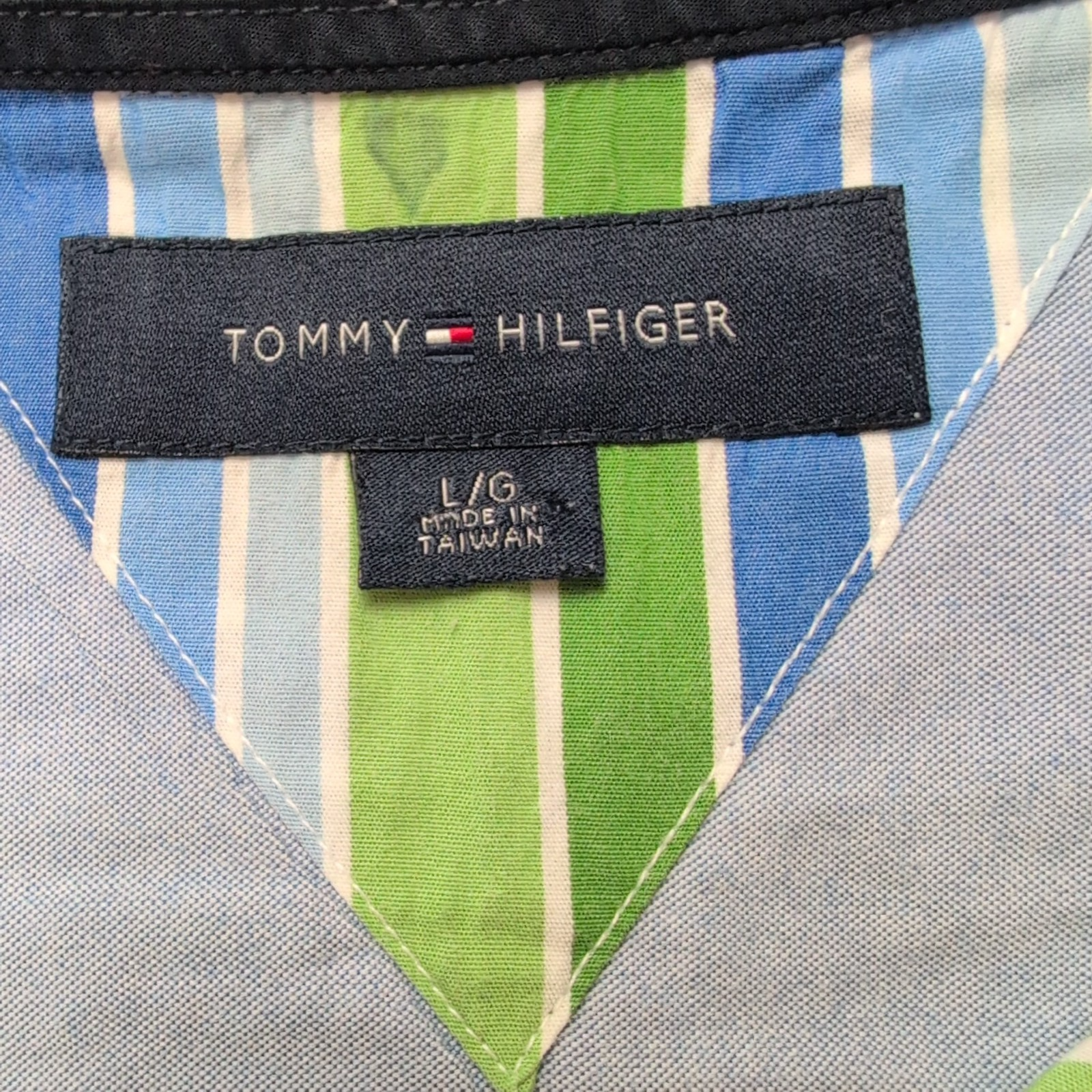 Chemise Tommy Hilfiger Homme Taille L Bleu Vert Larges Rayures Coton