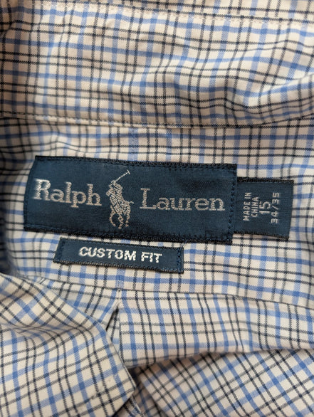 Chemise Polo Ralph Lauren Shirt M Custom Fit Micro-Carreaux Bleu Noir Button Dow