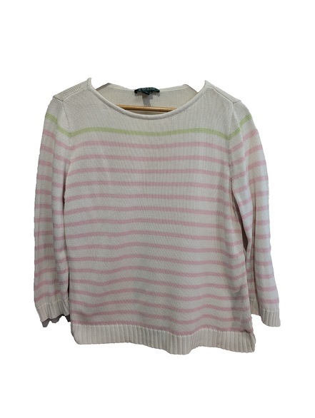 Pull LAUREN Ralph Lauren femme L coton blanc rose rayures col rond