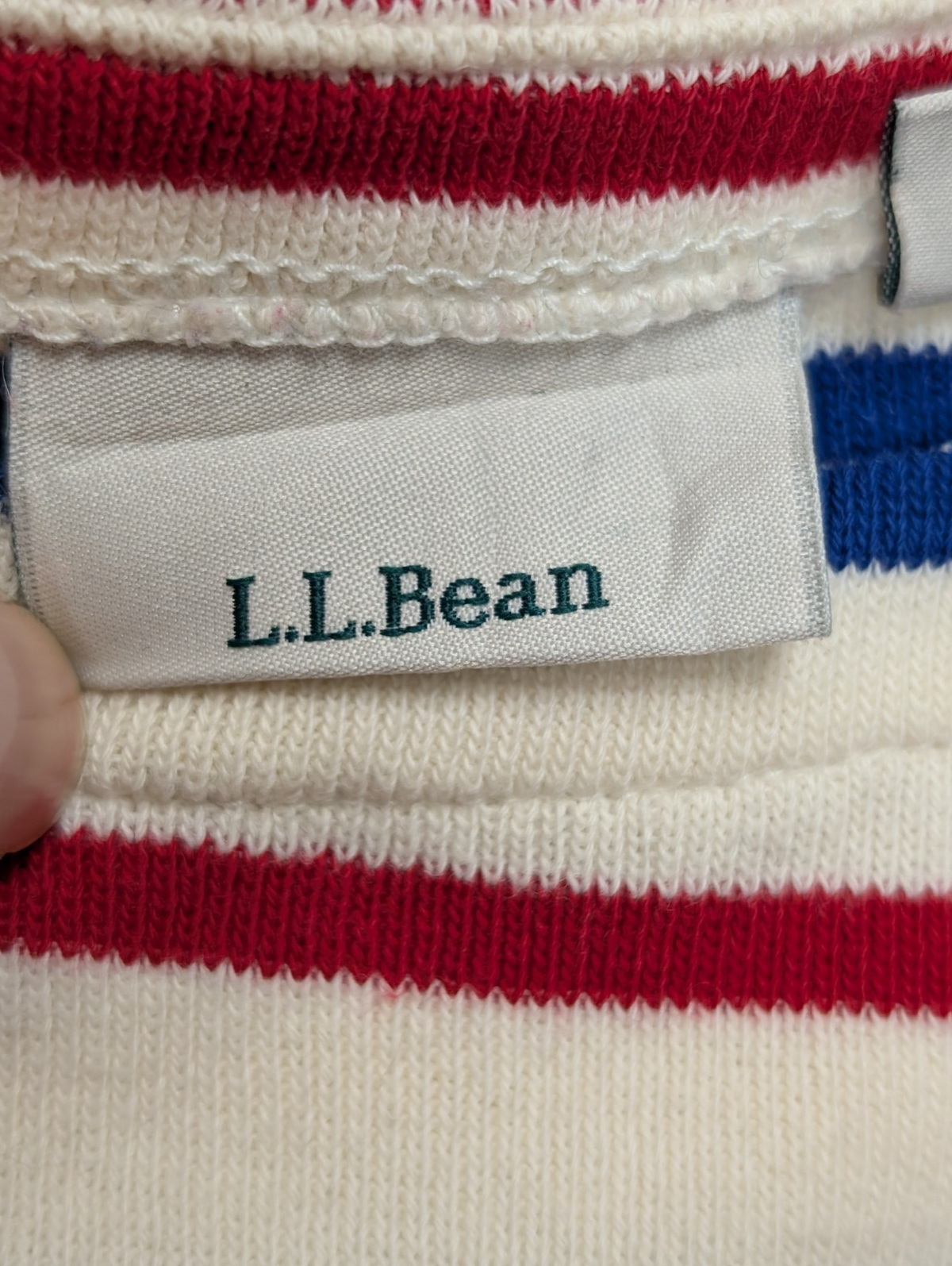 Pull L.L.Bean Femme XL Marinière Rayures Rouge Bleu Écru Coton Manches 3/4