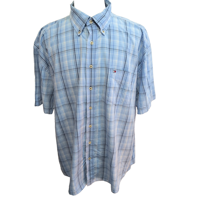Chemise Tommy Hilfiger Manche Courte Bleu Ciel Carreaux Taille XXL Une Poche