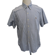 Chemise Ralph Lauren XL Bleu Clair Unie Oxford Coton Manches Courtes Logo Marron