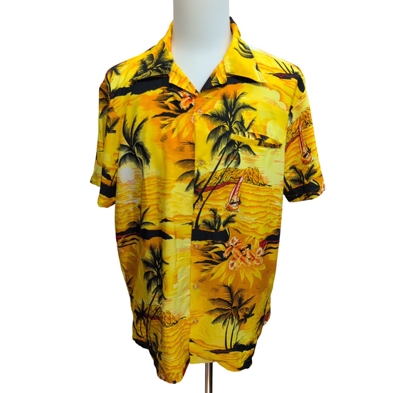 Chemise Hawaïenne Polyester Jaune Orange Motif Bateaux XL